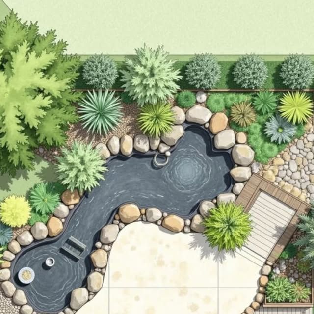 Zen garden with stone path and water feature